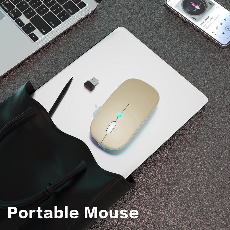 AOLIKOKO Wireless Bluetooth Mouse - Rechargeable Laptop Mice - with LED Lights,Dual Mode(Bluetooth 5.2 & Portable USB 2.4G) Connection,Silent - Computer Mouse for Laptop,iPad,Tablet,MacBook,& PC(Gold) - Image 5